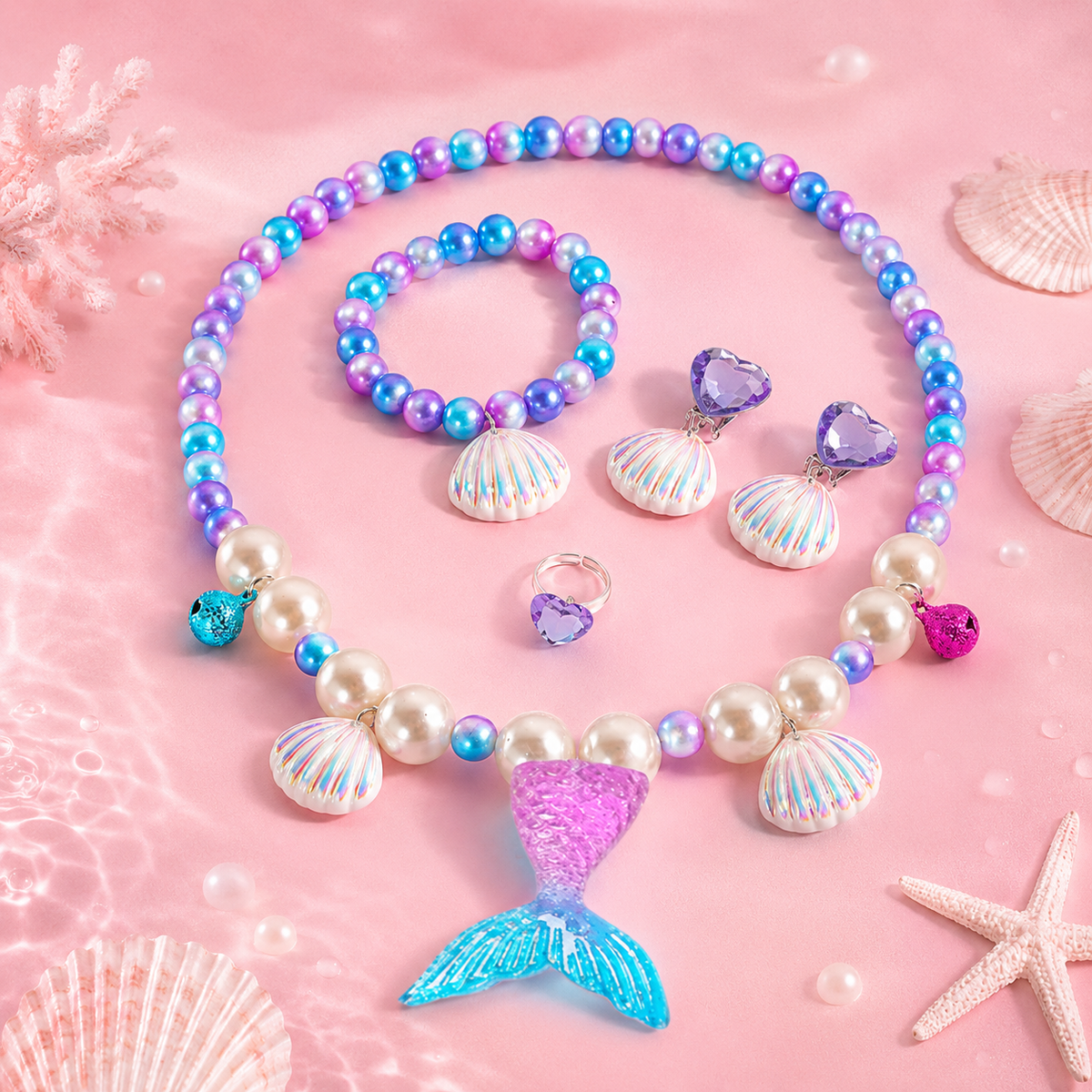 ChicIt CH-JW-102 Mermaid Shell Jewellery Set — Kids Necklace, Bracelet, Earrings & Ring Set