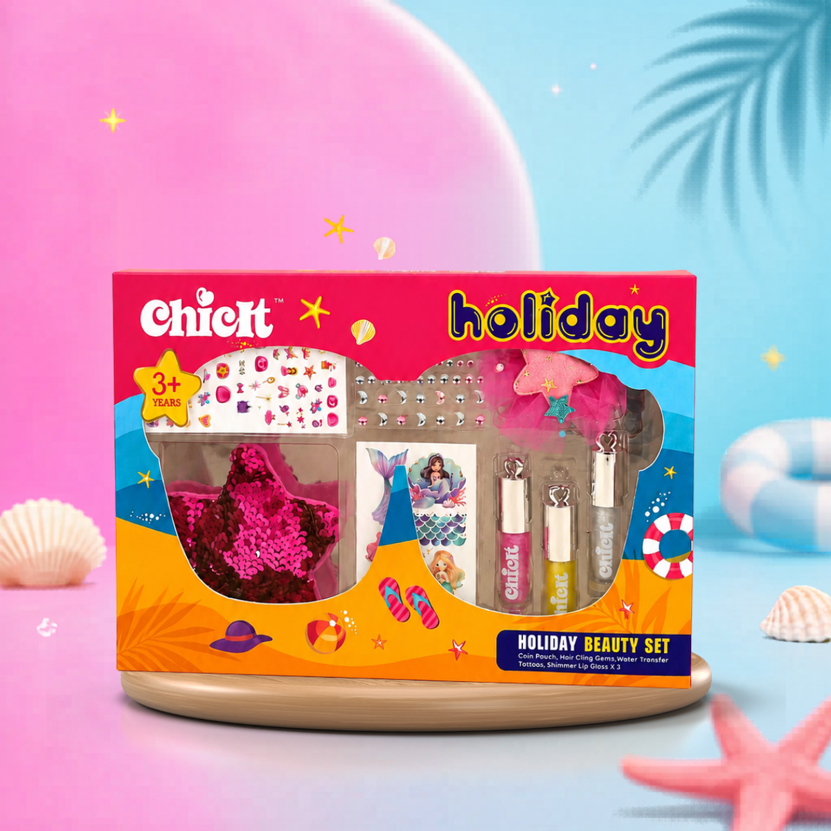 Chicit Holiday Beauty Set for Kids (3+ Years) | Lip Gloss, Hair Clips,Nail Sticker, Gems, Temporary Tattoos & Cute Coin Pouch | Non-Toxic Birthday Return Gift Set for Girls (PACK OF 8)
