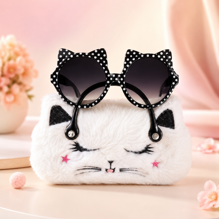 ChicIt CH-SU-132 Cat-Eye Sunglasses with Plush Kitty Hard Case — UV400 Kids Sunglasses Set