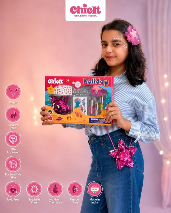 Chicit Holiday Beauty Set for Kids (3+ Years) | Lip Gloss, Hair Clips,Nail Sticker, Gems, Temporary Tattoos & Cute Coin Pouch | Non-Toxic Birthday Return Gift Set for Girls (PACK OF 8)