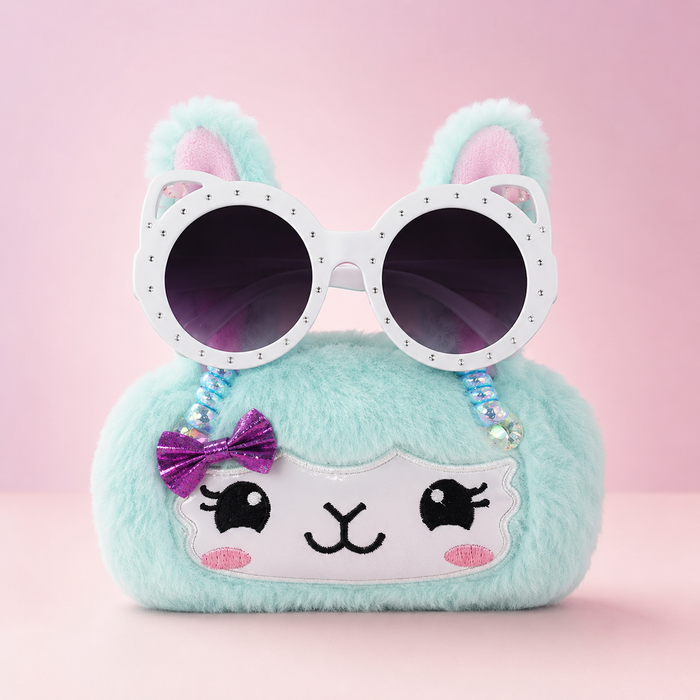 ChicIt CH-SU-131 Round Sunglasses with Plush Bunny Hard Case — UV400 Kids Sunglasses Set