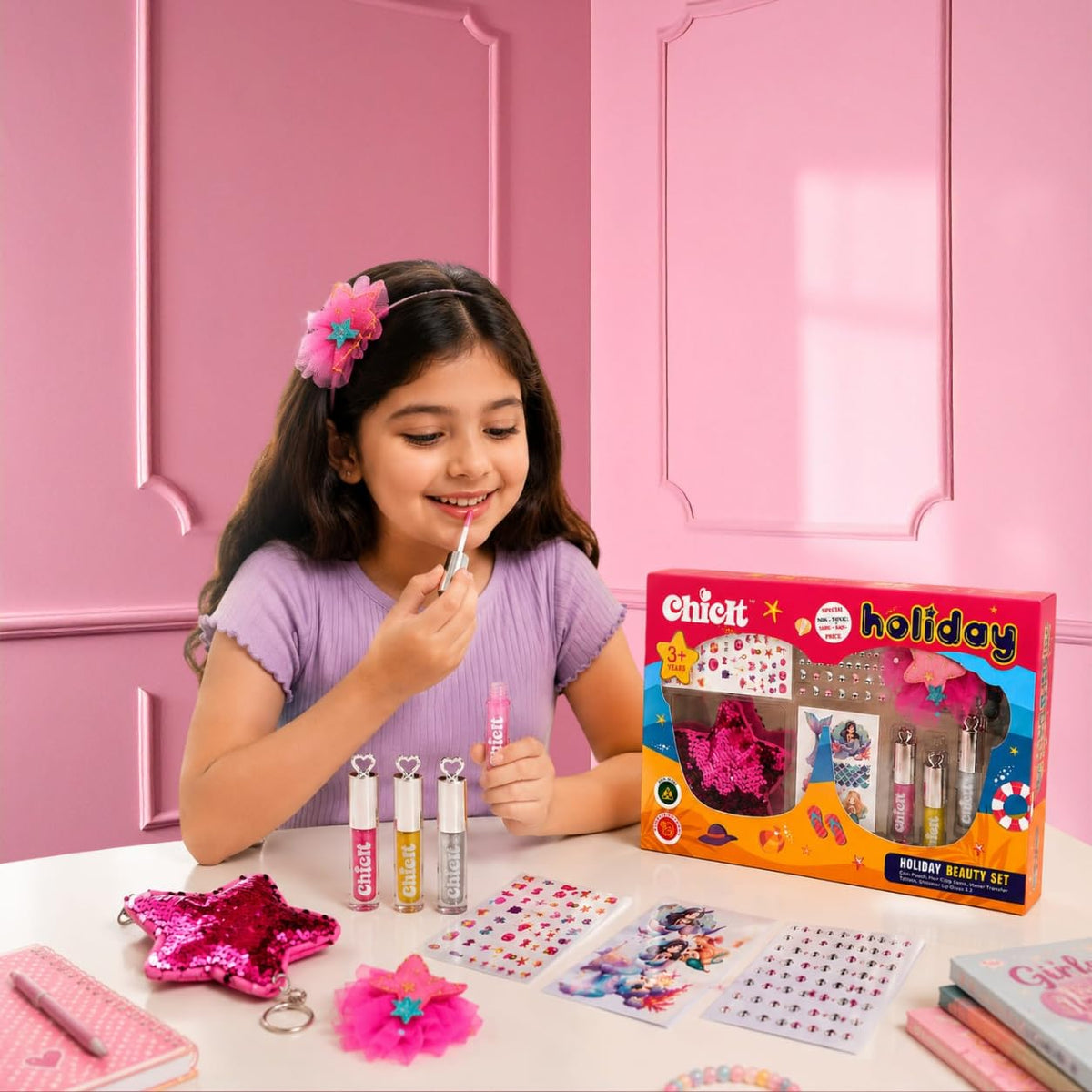 Chicit Holiday Beauty Set for Kids (3+ Years) | Lip Gloss, Hair Clips,Nail Sticker, Gems, Temporary Tattoos & Cute Coin Pouch | Non-Toxic Birthday Return Gift Set for Girls (PACK OF 8)