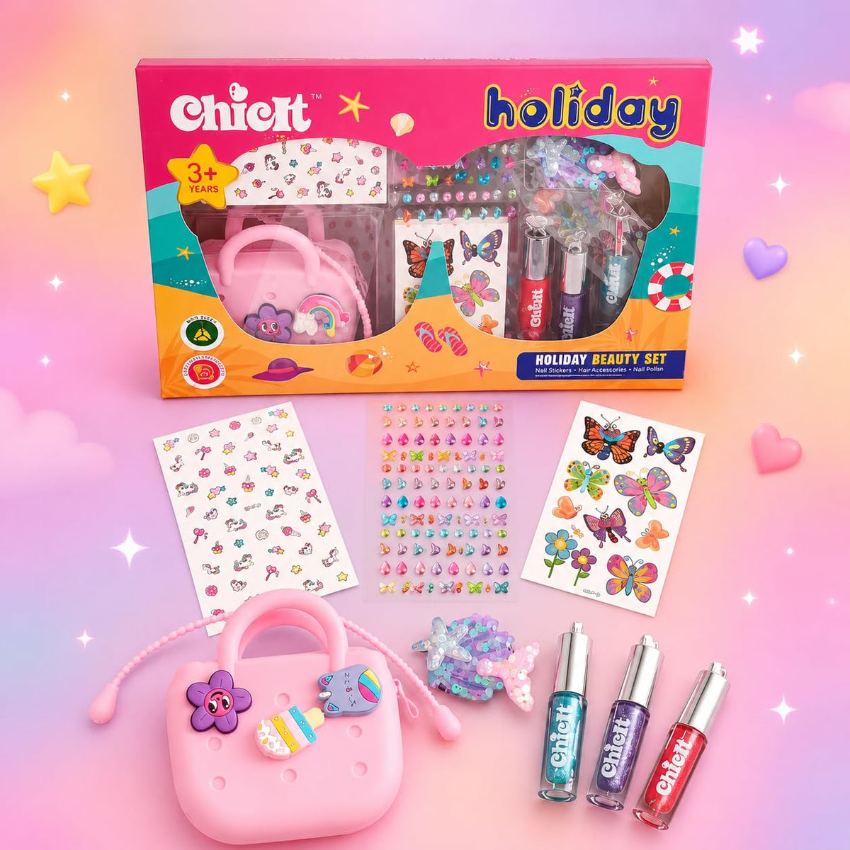 Chicit Holiday Beauty Set for Kids (3+ Years) | Lip Gloss, Hair Clips, Glitter, Temporary Tattoos & Cute Coin Pouch | Non-Toxic Perfect Gift Set for Girls (PACK OF 12)