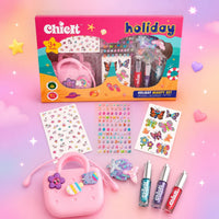 Chicit Holiday Beauty Set for Kids (3+ Years) | Lip Gloss, Hair Clips, Glitter, Temporary Tattoos & Cute Coin Pouch | Non-Toxic Perfect Gift Set for Girls (PACK OF 12)