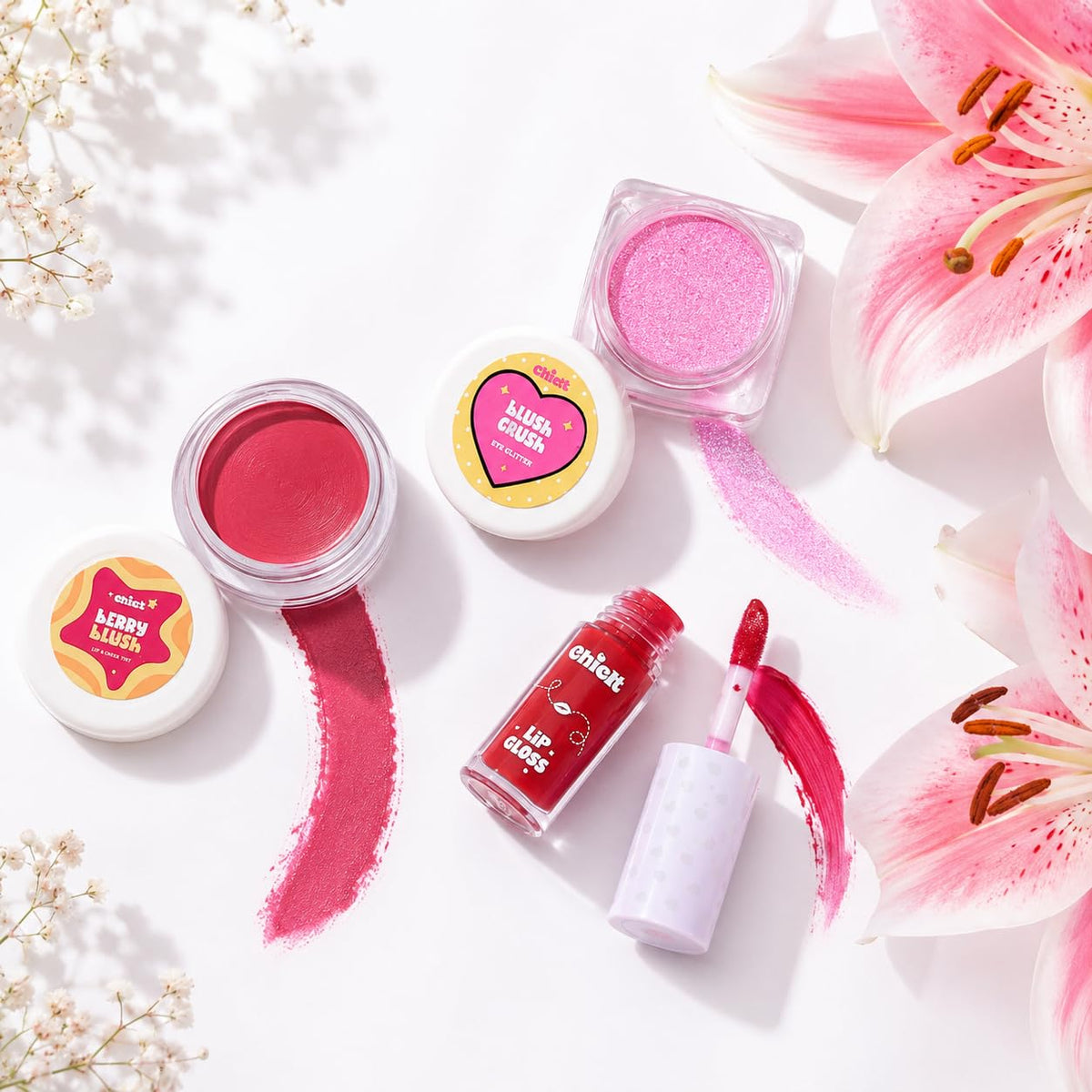 Chicit Lip Gloss & Cheek Tint & Eye Glitter Duo Pack Of 4 (PINK) | Perfect Safe Gift for Kids (FREE GIFT INSIDE)
