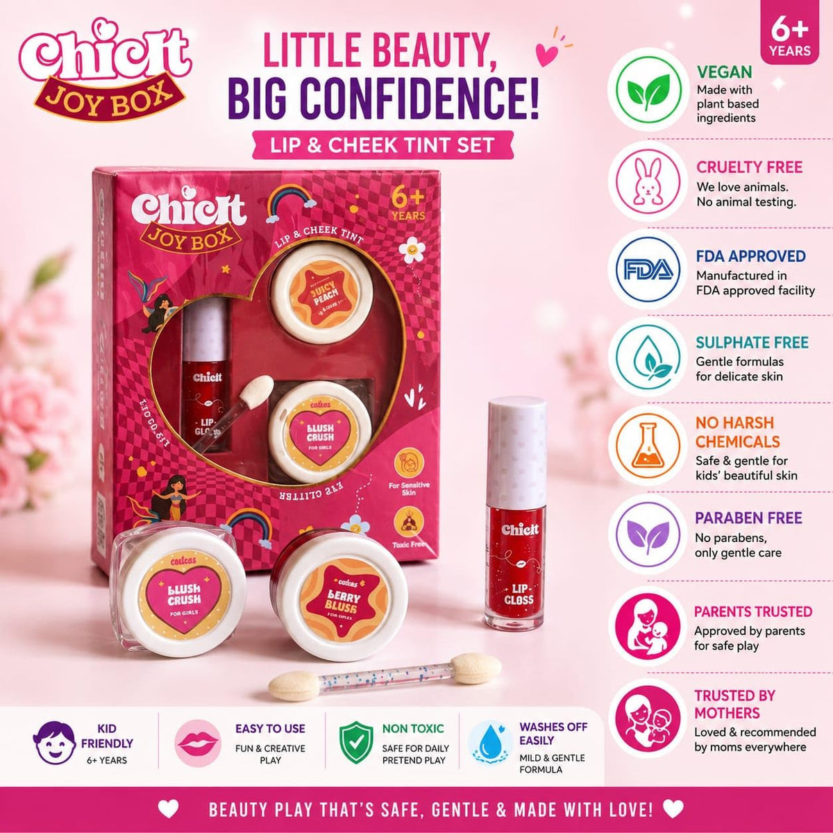 Chicit Lip Gloss & Cheek Tint & Eye Glitter Duo Pack Of 4 (PINK) | Perfect Safe Gift for Kids (FREE GIFT INSIDE)