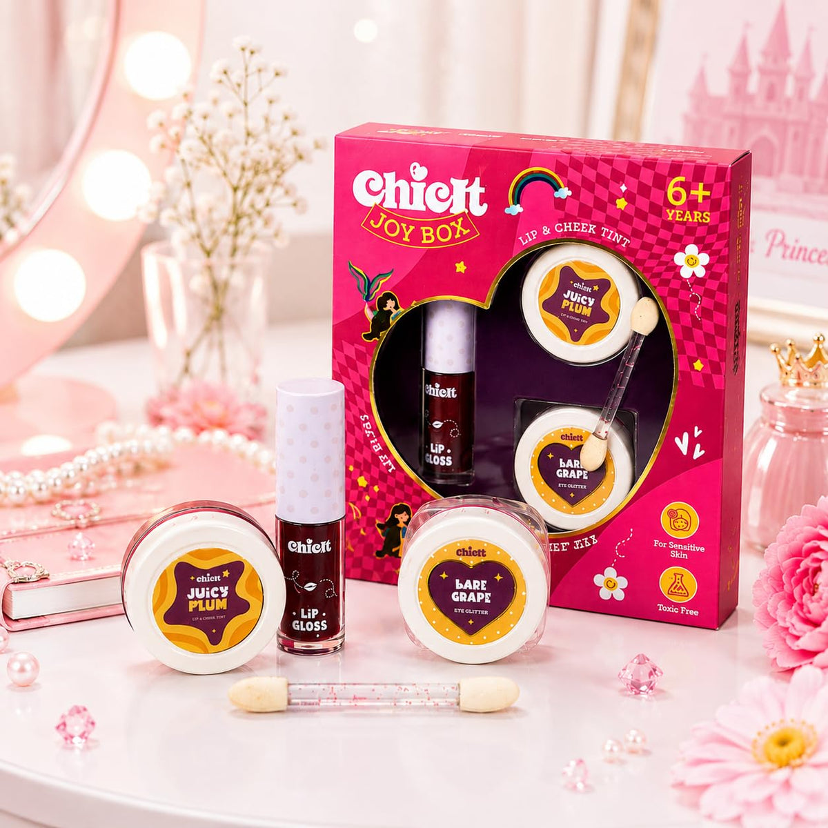 Chicit Lip Gloss & Cheek Tint & Eye Glitter Combo Pack Of 4 (PURPLE) | Safe, Vegan & Kid-Friendly (FREE GIFT INSIDE)