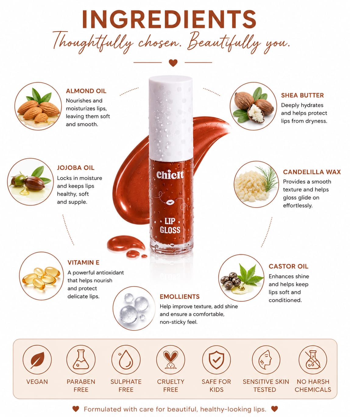 Chicit Lip Gloss for Women & Girls,Teens | Hydrating, Non-Sticky & High Shine Lip Gloss | Moisturizing Formula with Vitamin E | Long-Lasting Glossy Finish | Brown Shade | 3ml