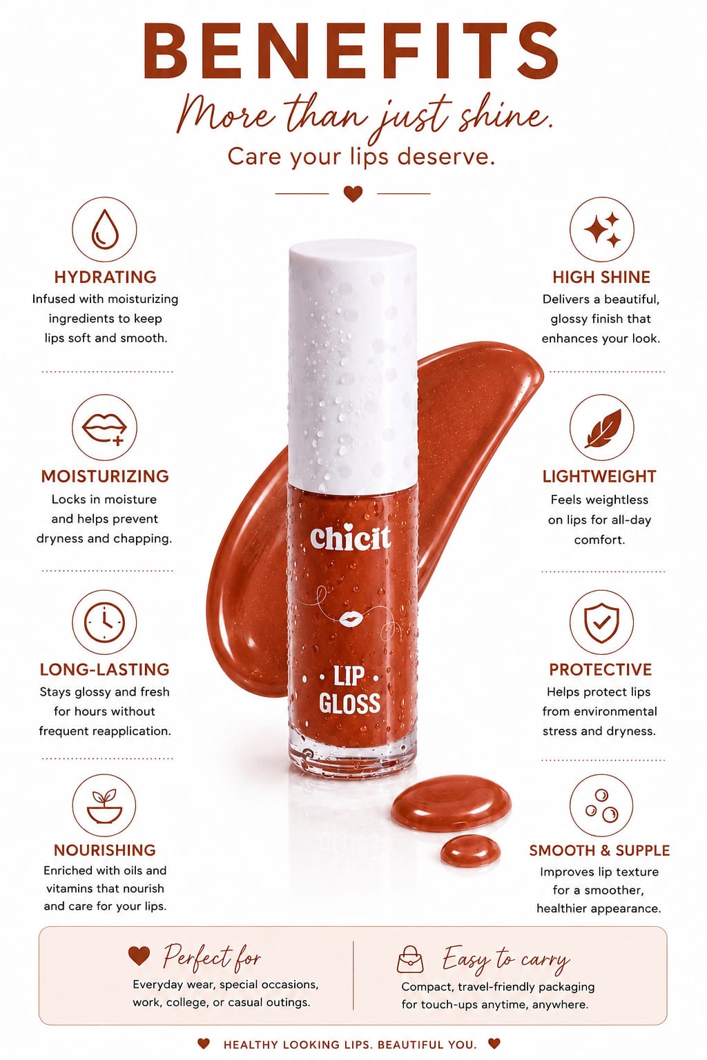 Chicit Lip Gloss for Women & Girls,Teens | Hydrating, Non-Sticky & High Shine Lip Gloss | Moisturizing Formula with Vitamin E | Long-Lasting Glossy Finish | Brown Shade | 3ml