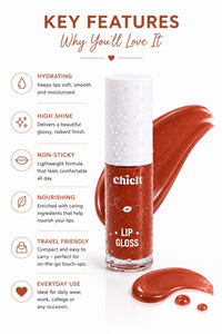Chicit Lip Gloss for Women & Girls,Teens | Hydrating, Non-Sticky & High Shine Lip Gloss | Moisturizing Formula with Vitamin E | Long-Lasting Glossy Finish | Brown Shade | 3ml