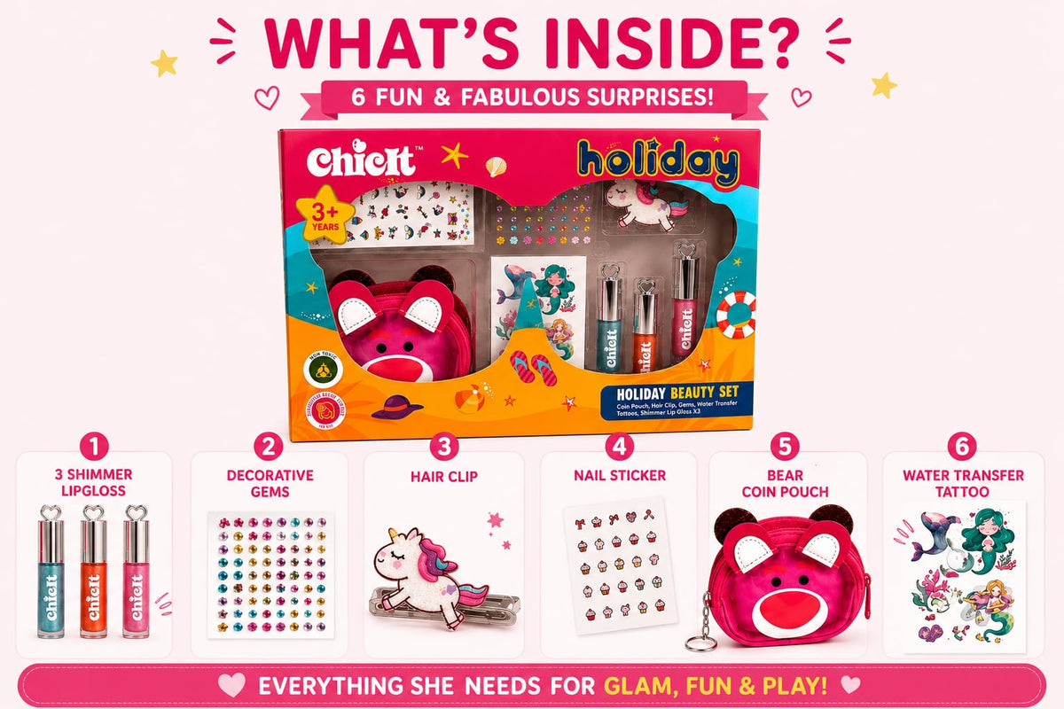Chicit Holiday Beauty Set for Girls 3+ Years | Kids Non-Toxic Pretend Play Makeup Kit | Shimmer Lip Gloss, Coin Pouch, Unicorn Hair Clip, Tattoos | Birthday Return Gift | Cosmetic Gift Set (PACK OF 8)