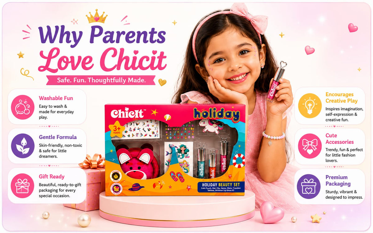 Chicit Holiday Beauty Set for Girls 3+ Years | Kids Non-Toxic Pretend Play Makeup Kit | Shimmer Lip Gloss, Coin Pouch, Unicorn Hair Clip, Tattoos | Birthday Return Gift | Cosmetic Gift Set (PACK OF 8)