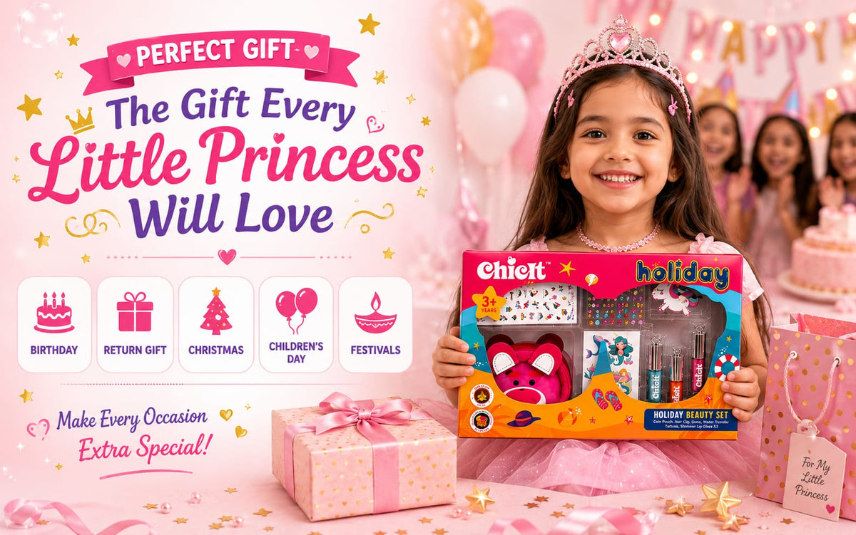 Chicit Holiday Beauty Set for Girls 3+ Years | Kids Non-Toxic Pretend Play Makeup Kit | Shimmer Lip Gloss, Coin Pouch, Unicorn Hair Clip, Tattoos | Birthday Return Gift | Cosmetic Gift Set (PACK OF 8)
