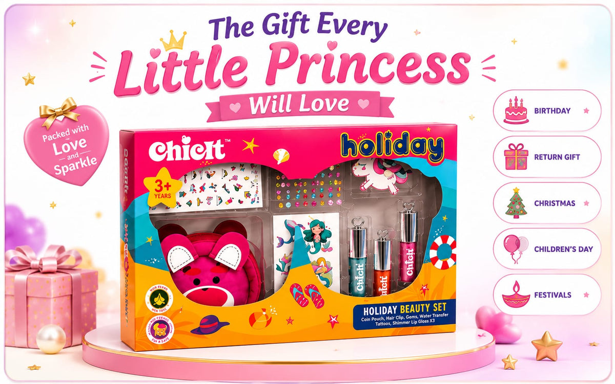 Chicit Holiday Beauty Set for Girls 3+ Years | Kids Non-Toxic Pretend Play Makeup Kit | Shimmer Lip Gloss, Coin Pouch, Unicorn Hair Clip, Tattoos | Birthday Return Gift | Cosmetic Gift Set (PACK OF 8)
