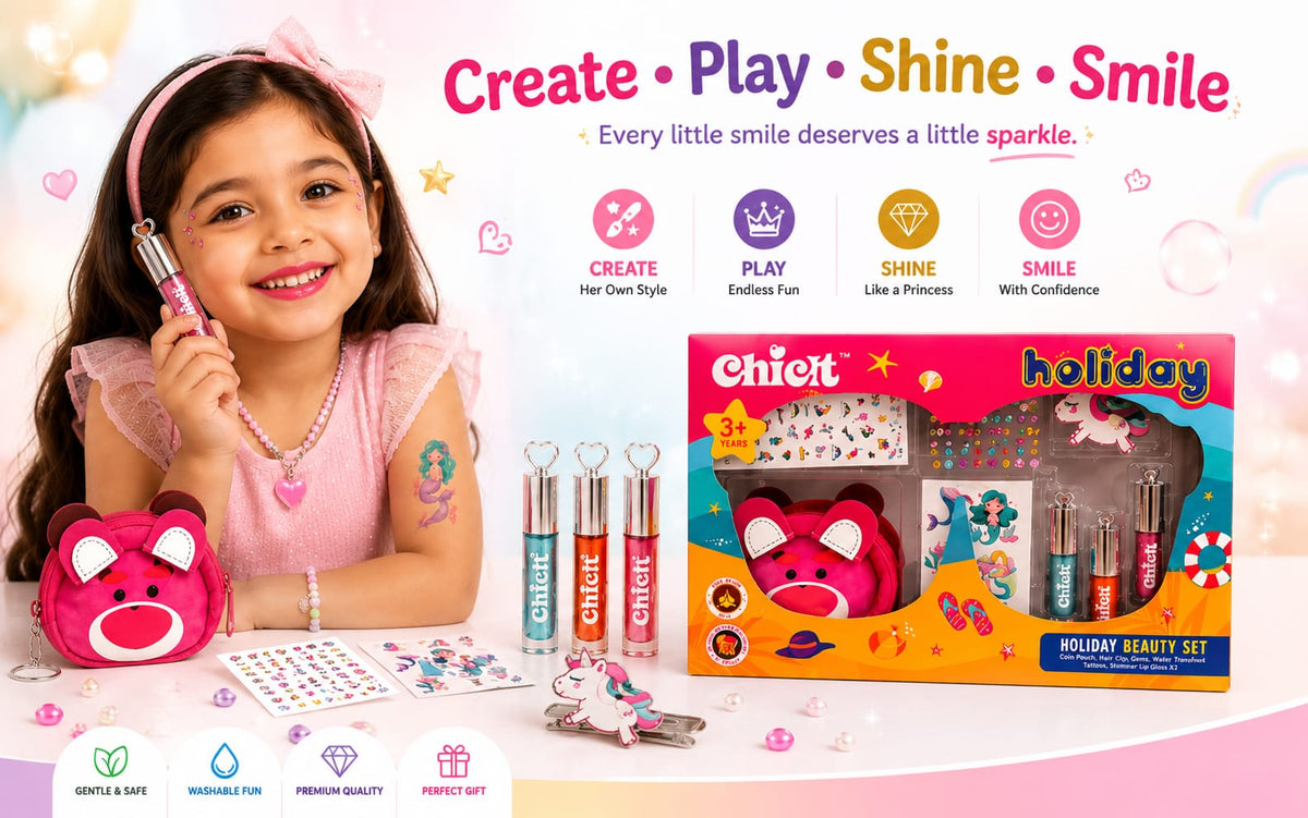 Chicit Holiday Beauty Set for Girls 3+ Years | Kids Non-Toxic Pretend Play Makeup Kit | Shimmer Lip Gloss, Coin Pouch, Unicorn Hair Clip, Tattoos | Birthday Return Gift | Cosmetic Gift Set (PACK OF 8)