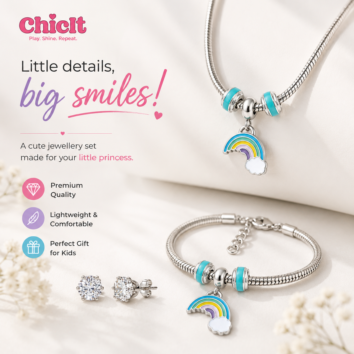 ChicIt CH-JW-103 Rainbow Charm Jewellery Set — Kids Necklace, Bracelet & Earrings Set