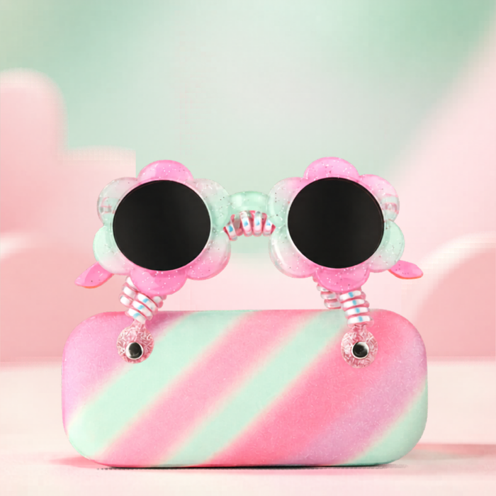 ChicIt CH-SU-128 Candy Swirl Flower Sunglasses with Hard Case — UV400 Kids Sunglasses Set