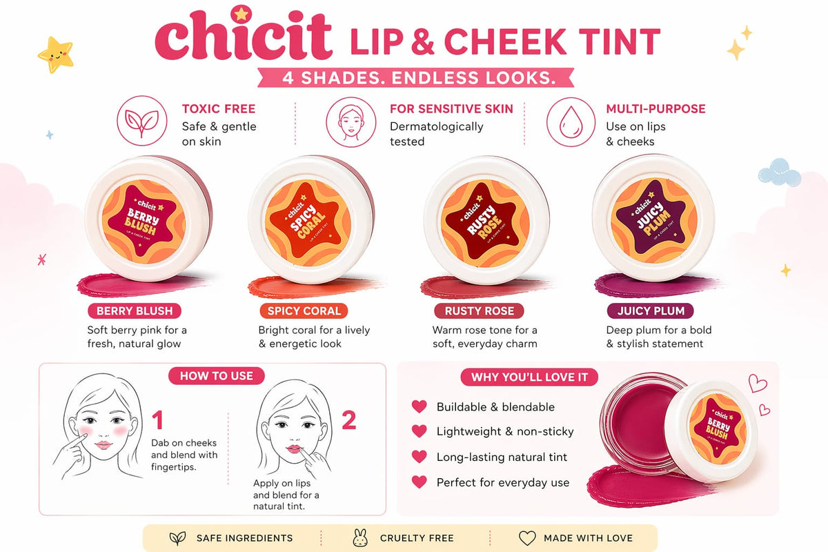 Chicit Lip & Cheek Tint Combo Pack Of 4 (8g each) | Non-Toxic Kids Makeup Set (FREE GIFT INSIDE)