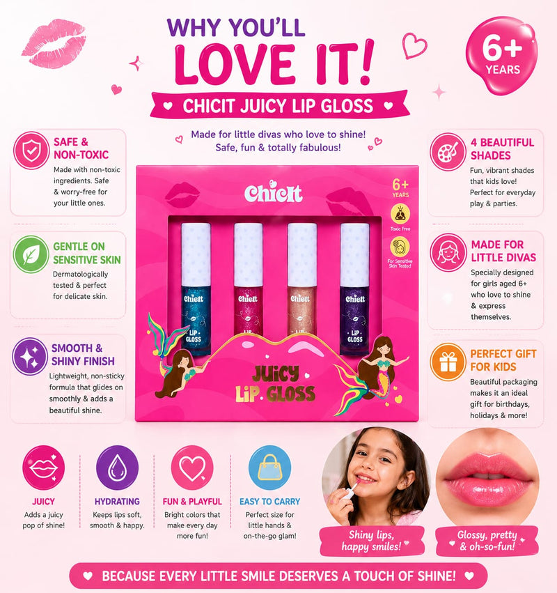 Chicit Glossy Lip Combo Pack Of 4  | Safe, Gentle & Kid-Friendly (FREE GIFT INSIDE)