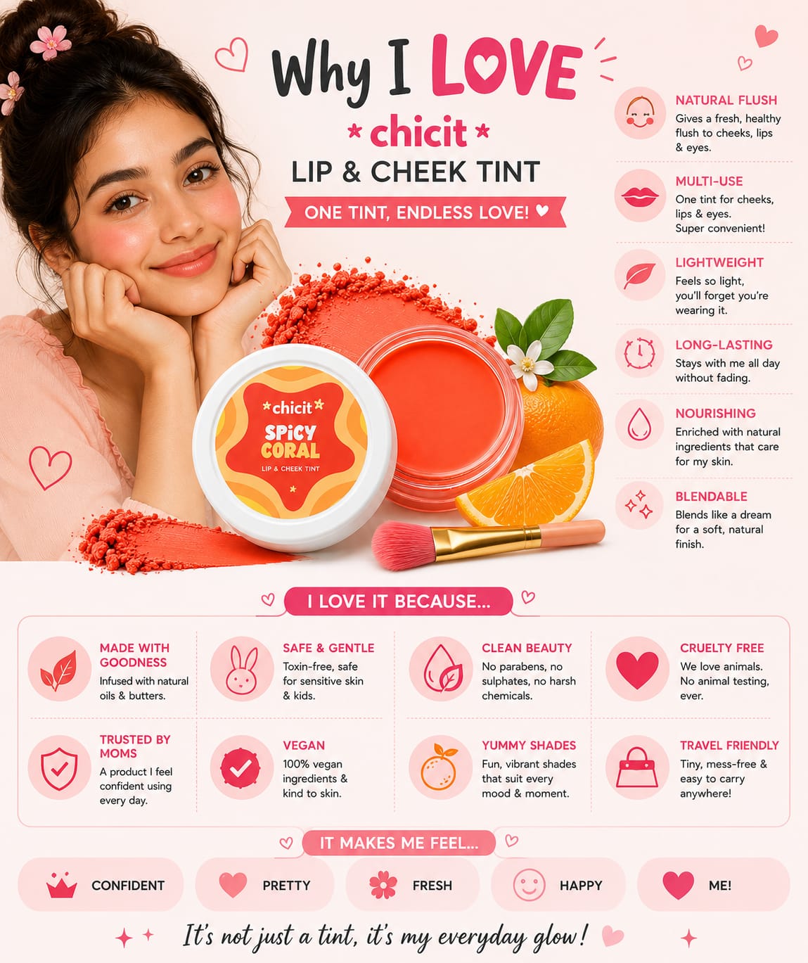 ChicIt Orange Lip & Cheek Tint (ORANGE) (8g) | 3-in-1  Vegan, Safe for Kids & Gentle on Skin