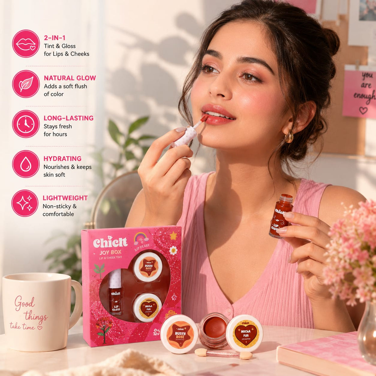 Chicit Lip Gloss & Lip Cheek Tint & Eye Glitter Combo Pack Of 4(BROWN) | Non-Toxic Kids Makeup Set (FREE GIFT INSIDE)