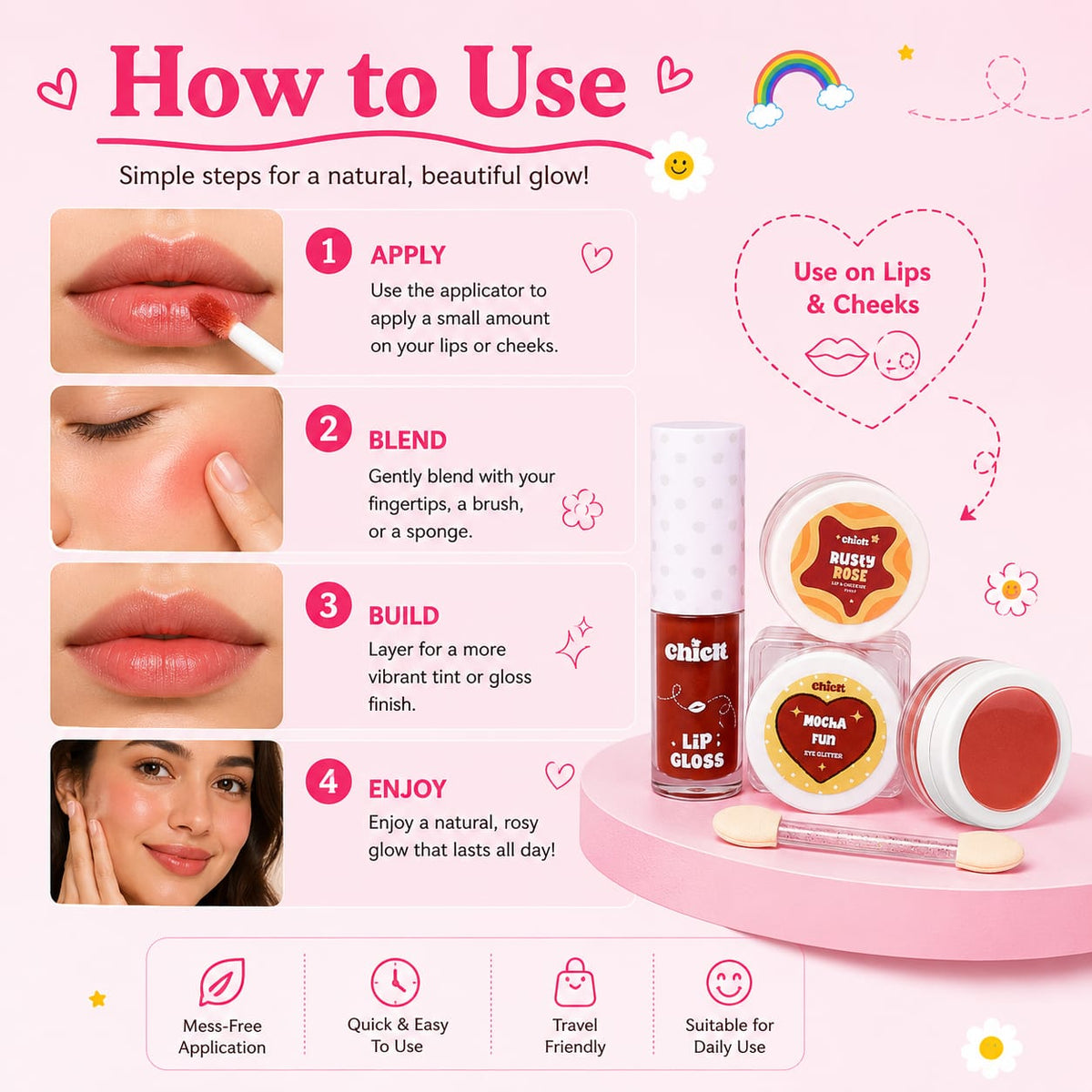 Chicit Lip Gloss & Lip Cheek Tint & Eye Glitter Combo Pack Of 4(BROWN) | Non-Toxic Kids Makeup Set (FREE GIFT INSIDE)
