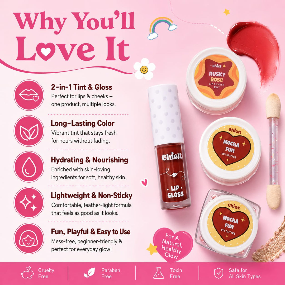 Chicit Lip Gloss & Lip Cheek Tint & Eye Glitter Combo Pack Of 4(BROWN) | Non-Toxic Kids Makeup Set (FREE GIFT INSIDE)