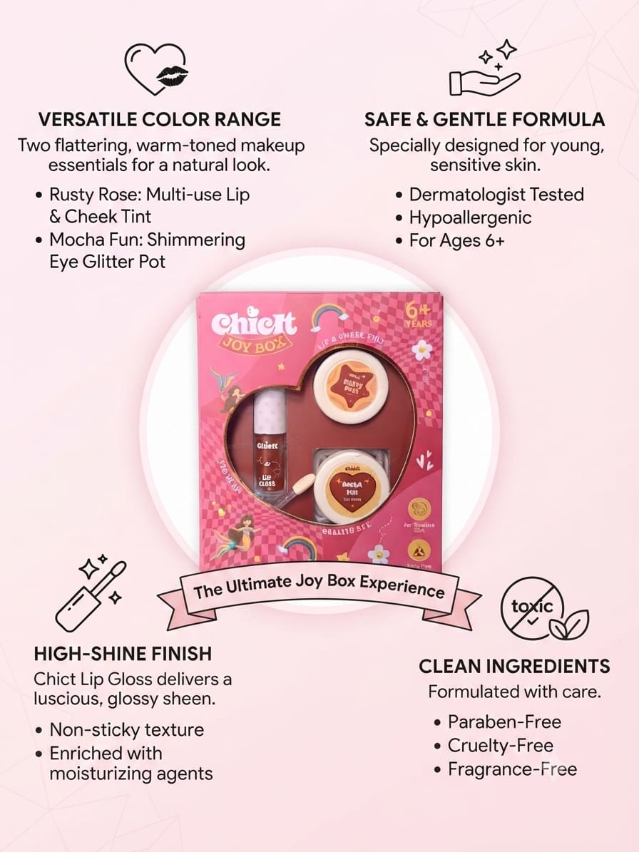 Chicit Lip Gloss & Lip Cheek Tint & Eye Glitter Combo Pack Of 4(BROWN) | Non-Toxic Kids Makeup Set (FREE GIFT INSIDE)