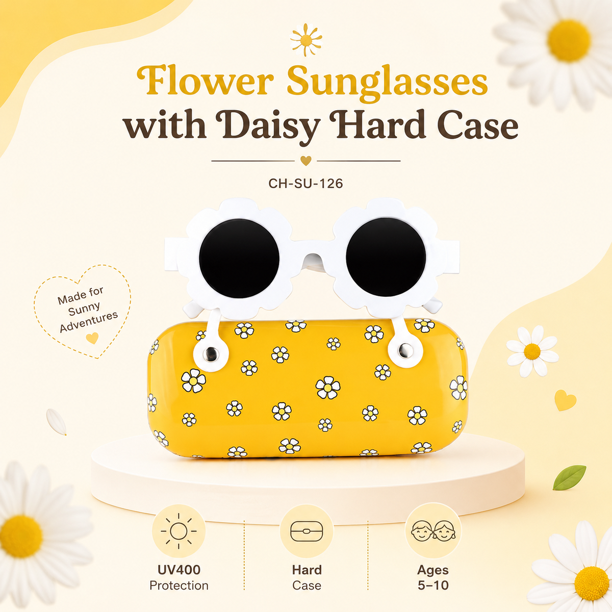 ChicIt CH-SU-126 Flower Sunglasses with Daisy Hard Case — UV400 Kids Sunglasses Set