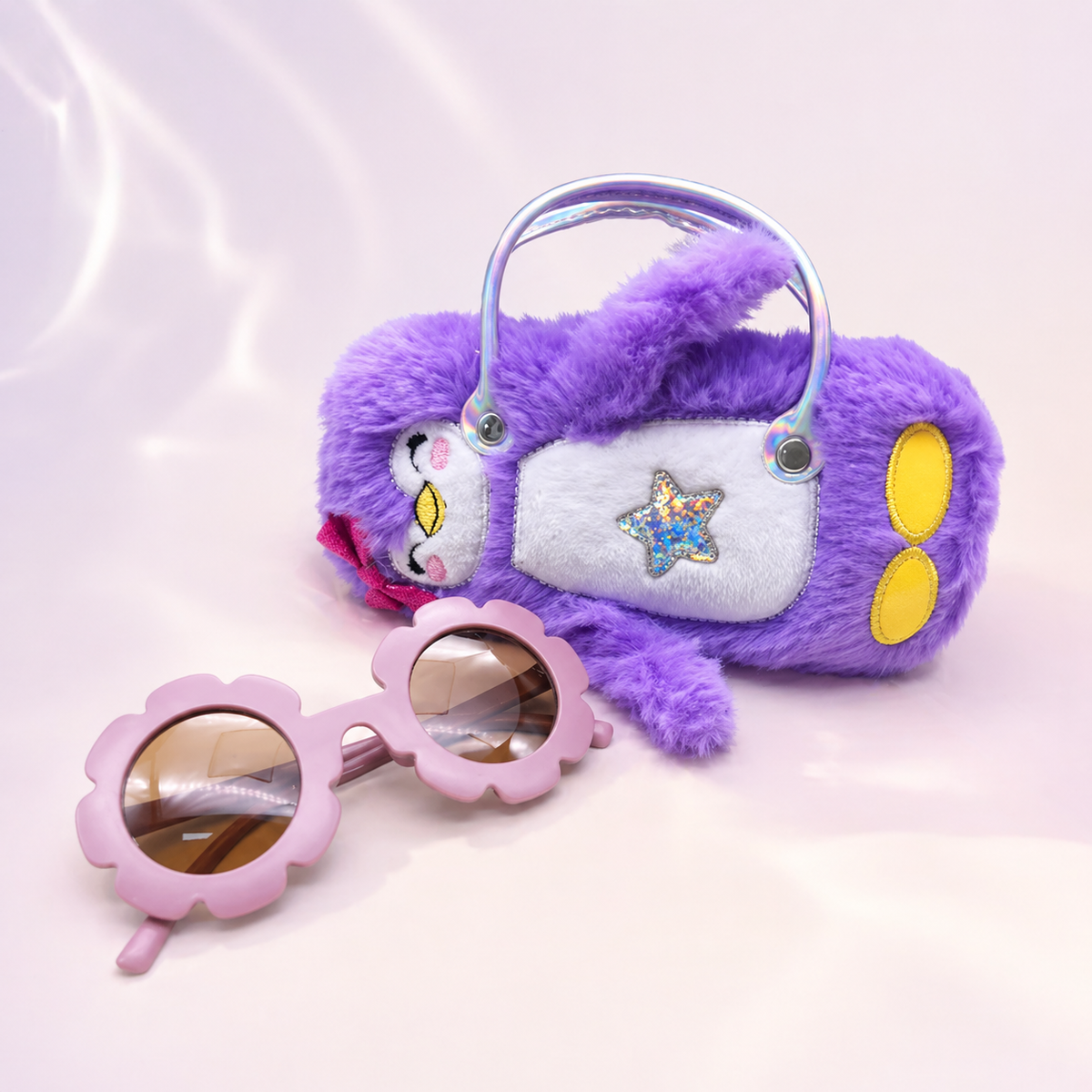 ChicIt CH-SU-127 Plush Cartoon Sunglasses Case with Flower Sunglasses — UV400 Kids Sunglasses Set